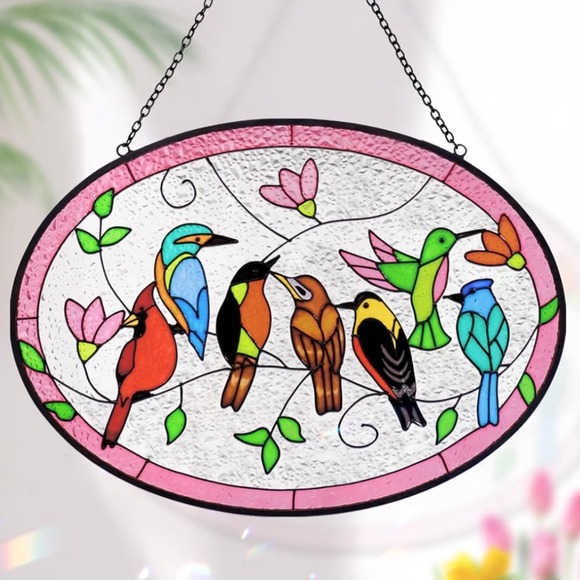 Other - Birds On Branch Stained Glass Window Hanging Suncatcher Cardinal Hummingbird